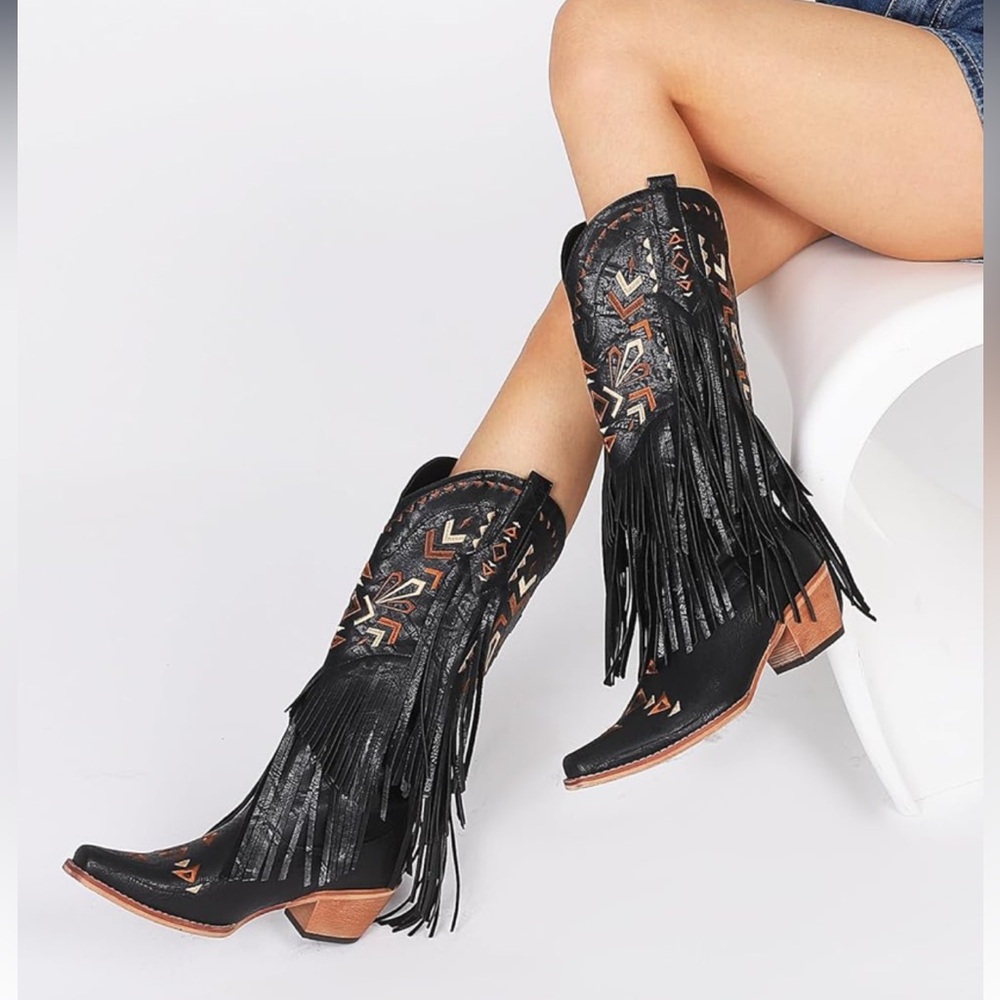 Black Fringe Western Boots